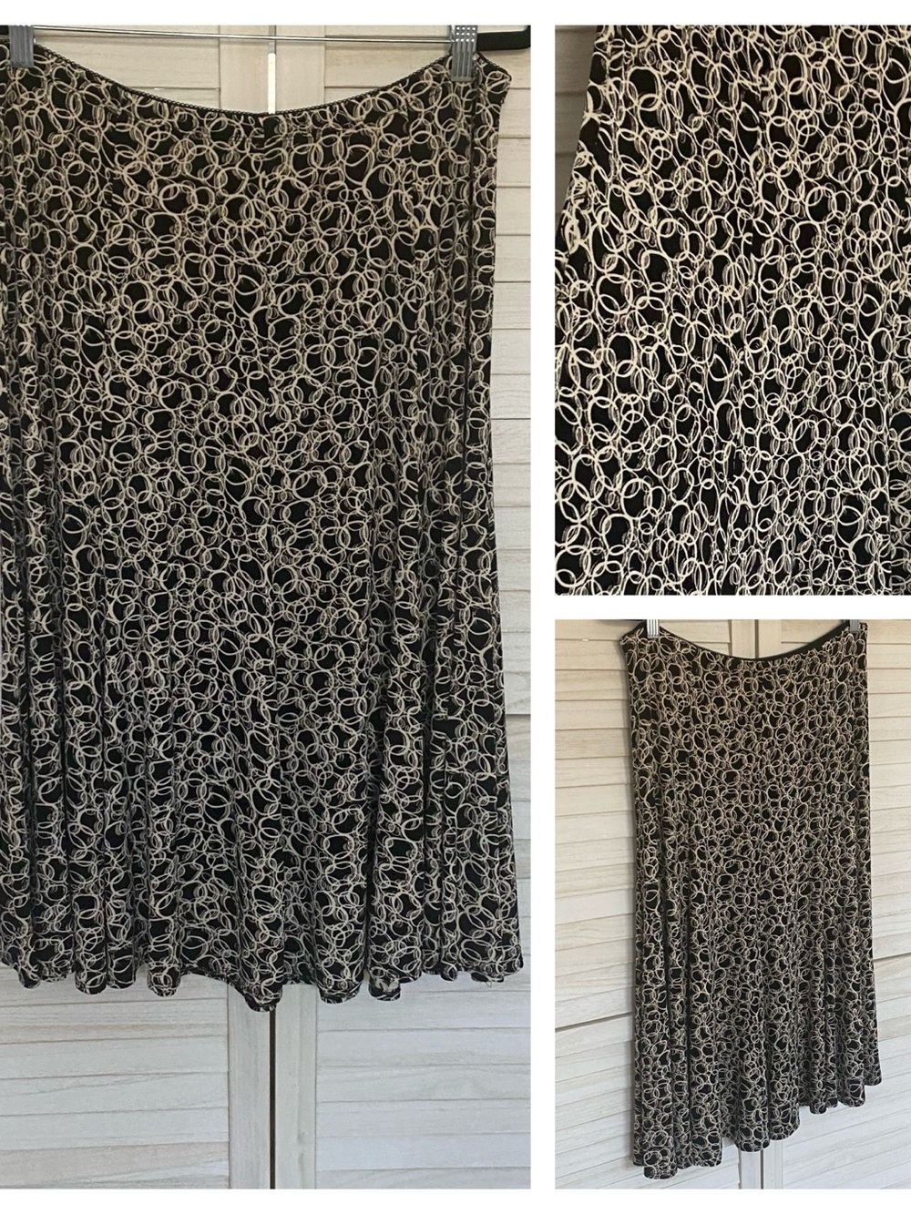 Chico's Travelers Black and Cream Circle-Pattern Midi Skirt SZ L Liquid Knit